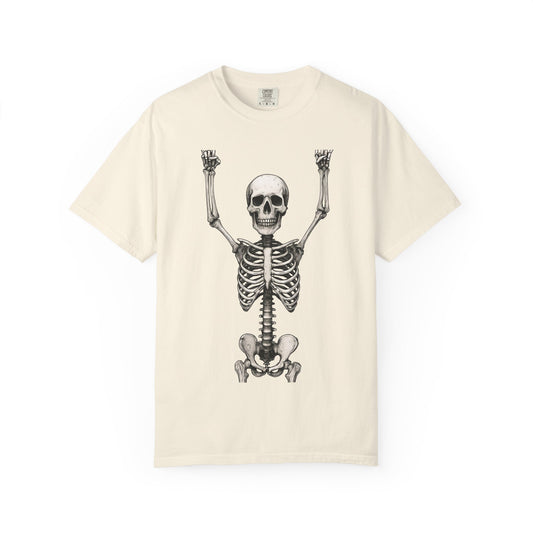 Hands Up Skeleton Graphic T-shirt, Unisex Vintage Tee for Halloween, Casual Wear, Skeleton Art, Gift for Spooky Lovers, Festival Apparel