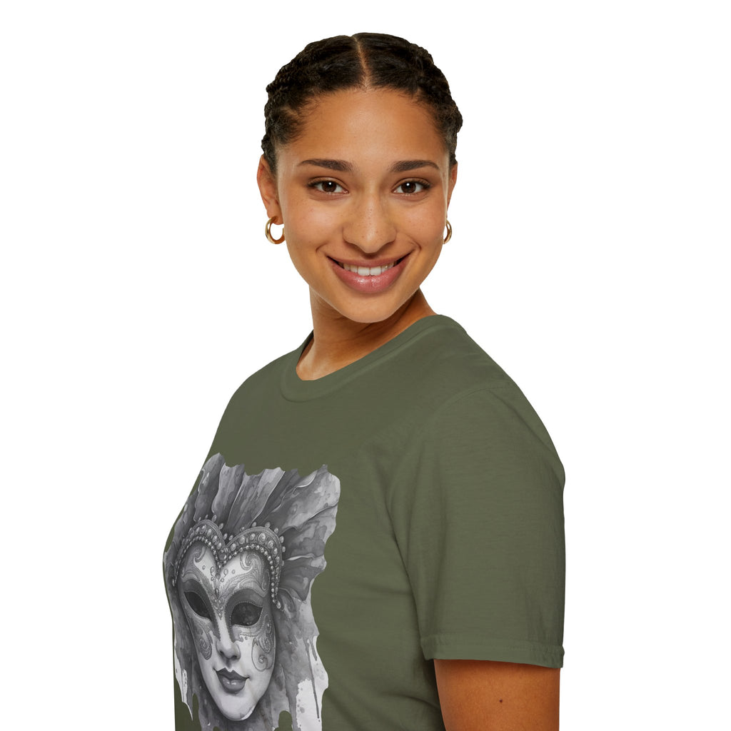 Olive green crew-neck t-shirt with watercolor face mask graphic, short sleeve
