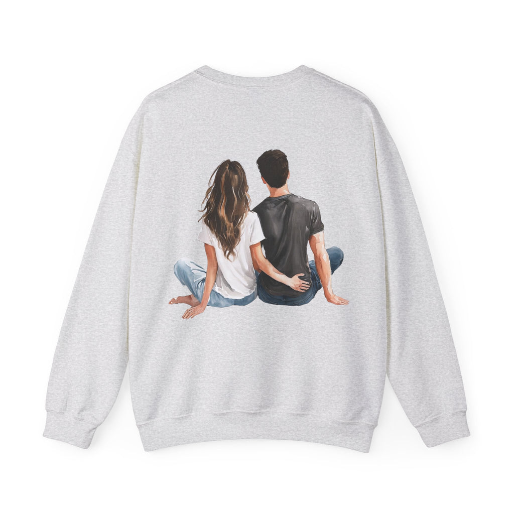 Sport grey crewneck sweatshirt, back view, couple graphic at center