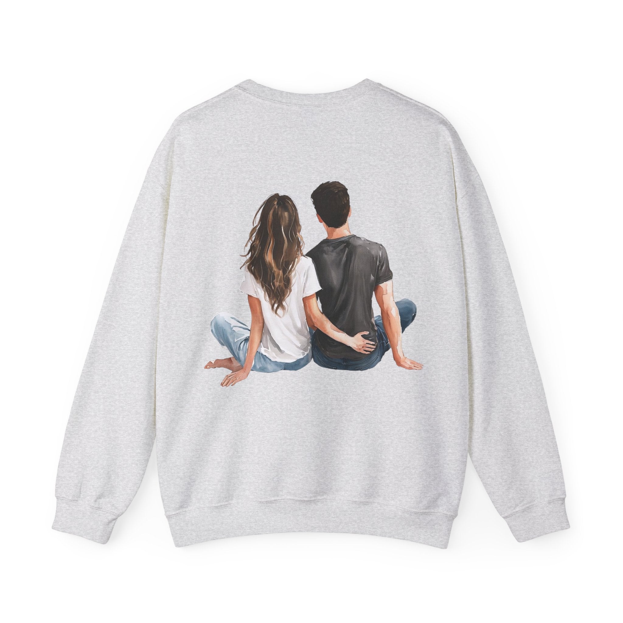 Sport grey crewneck sweatshirt, back view, couple graphic at center
