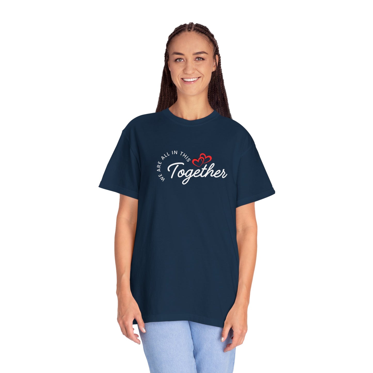 Unisex ONE Together Heart T-Shirt — "We Are All In This Together" Front Text, Australian Flag One Back Design