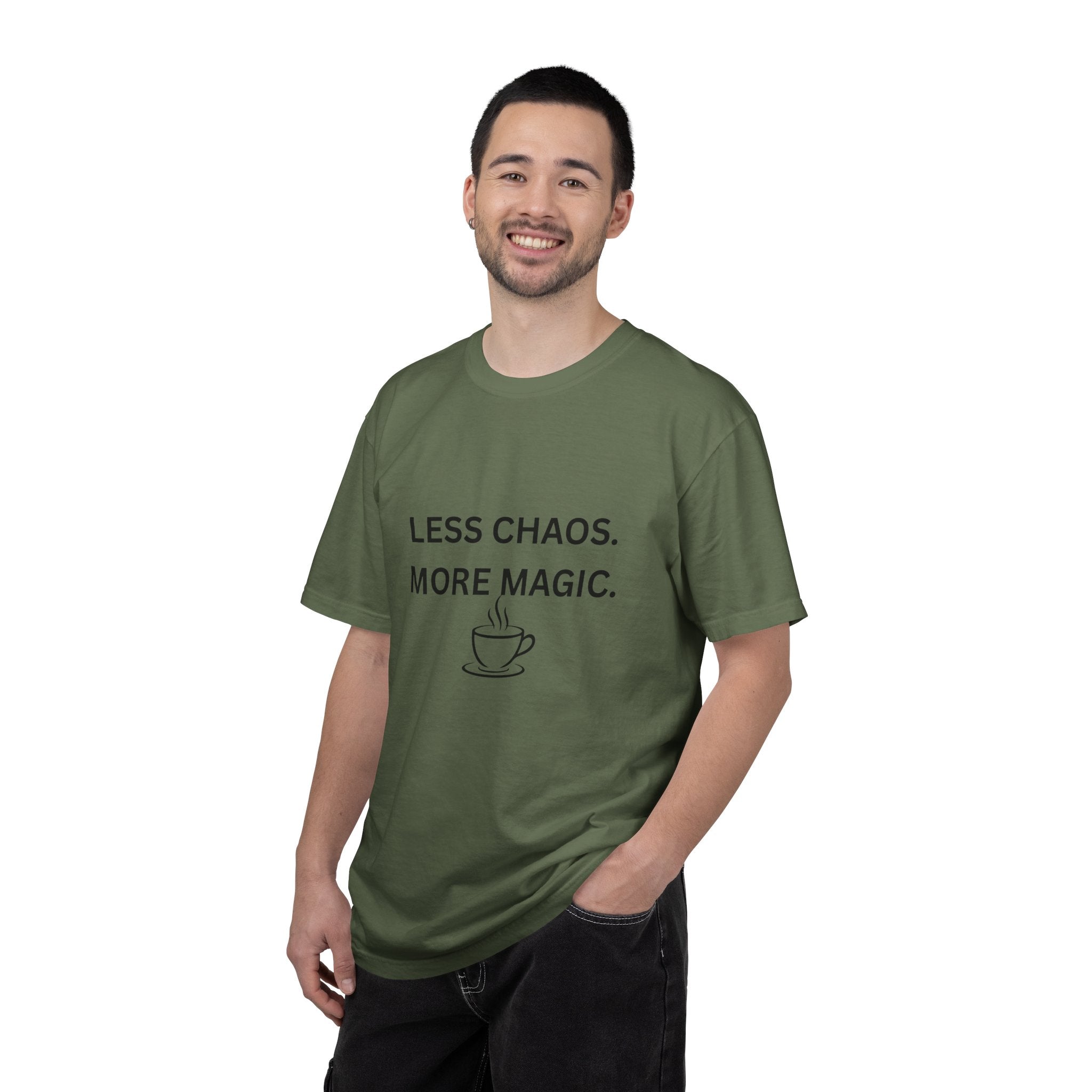 Less Chaos, More Magic T-Shirt — Cozy Coffee Cup Graphic Tee