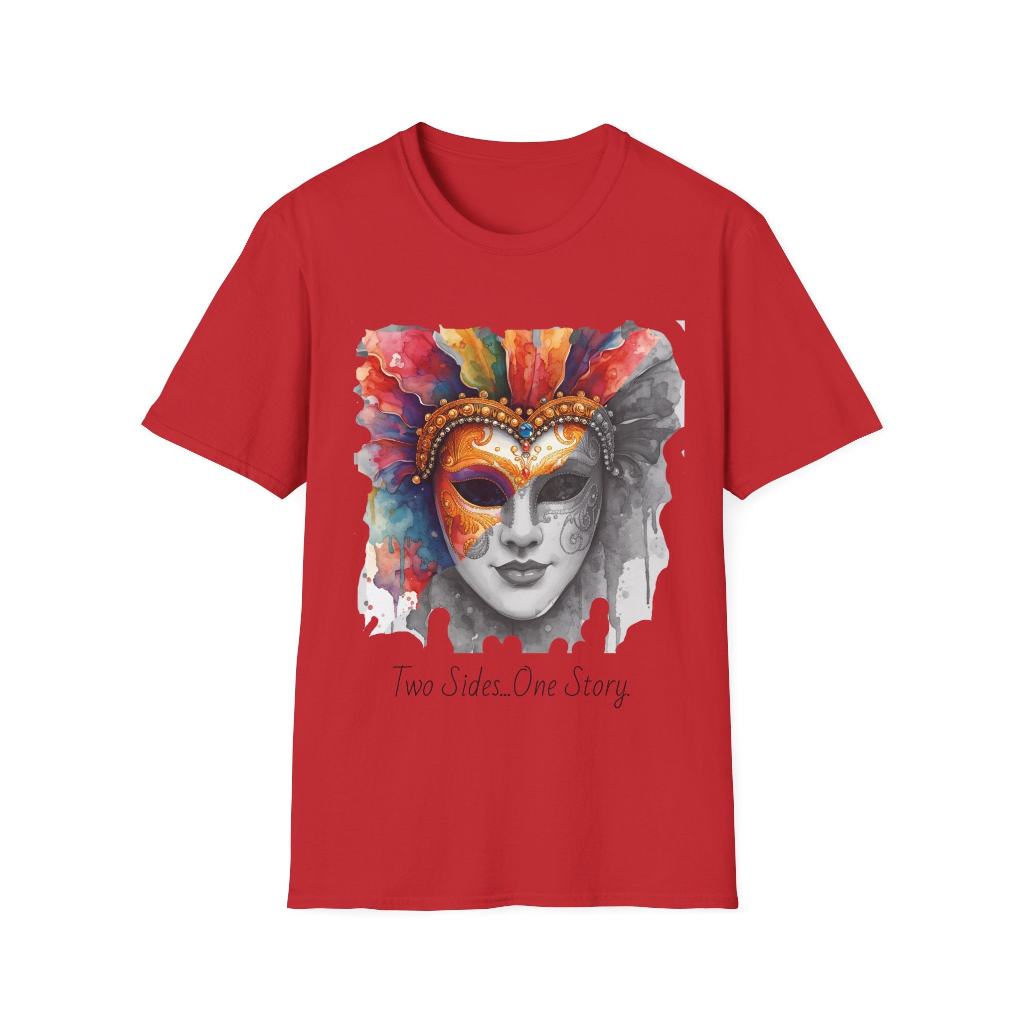 Red face T-shirt with watercolor mask graphic and “Two Sides…One Story” text