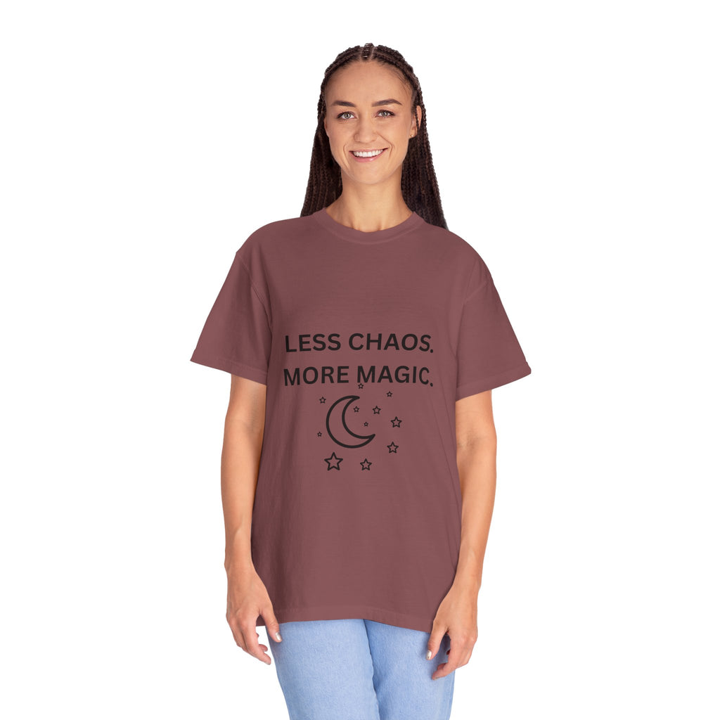 Less Chaos, More Magic T-Shirt — Crescent Moon + Stars Graphic Tee