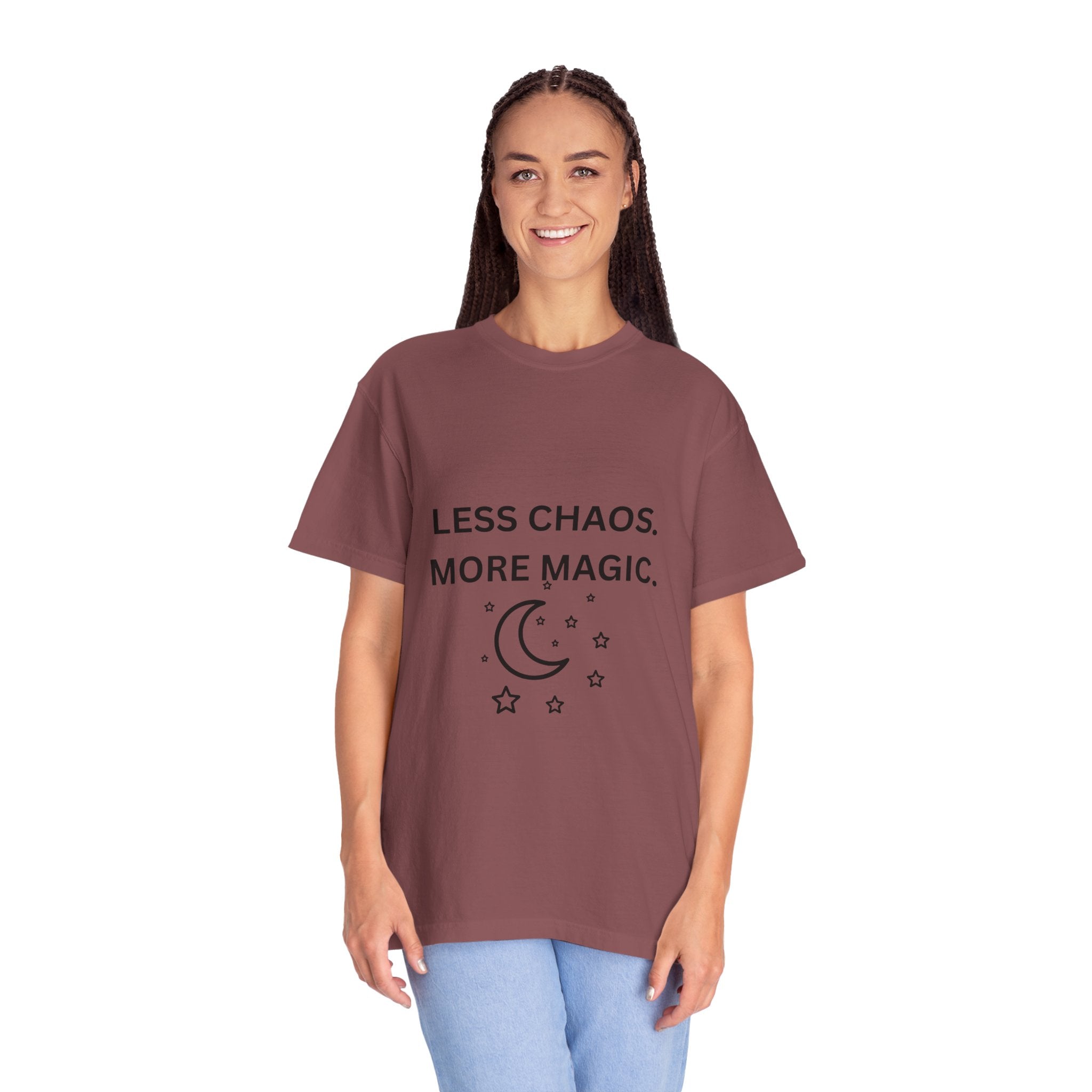 Less Chaos, More Magic T-Shirt — Crescent Moon + Stars Graphic Tee