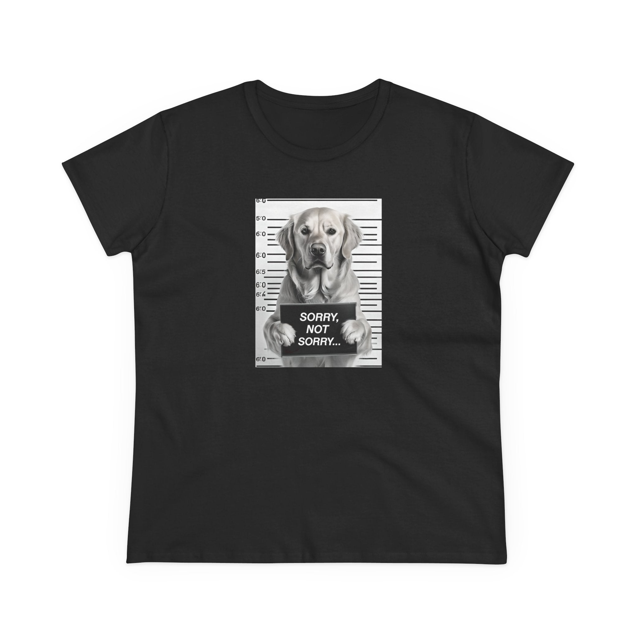 Black cotton T-shirt with grayscale dog mugshot print, 'SORRY NOT SORRY...'