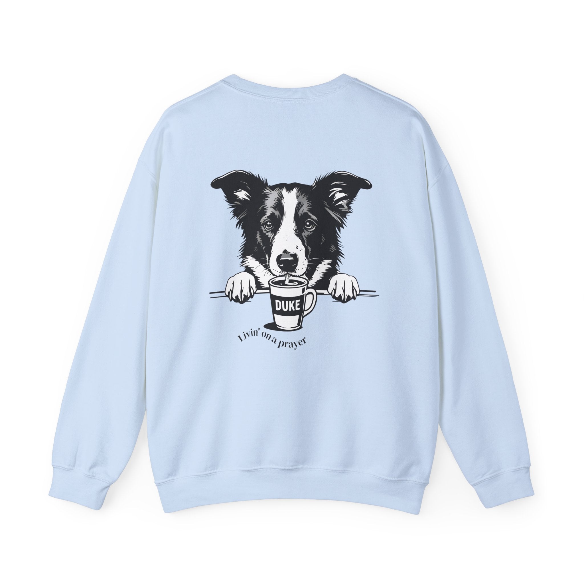 Unisex light blue sweatshirt with border collie back graphic and 'DUKE' patch