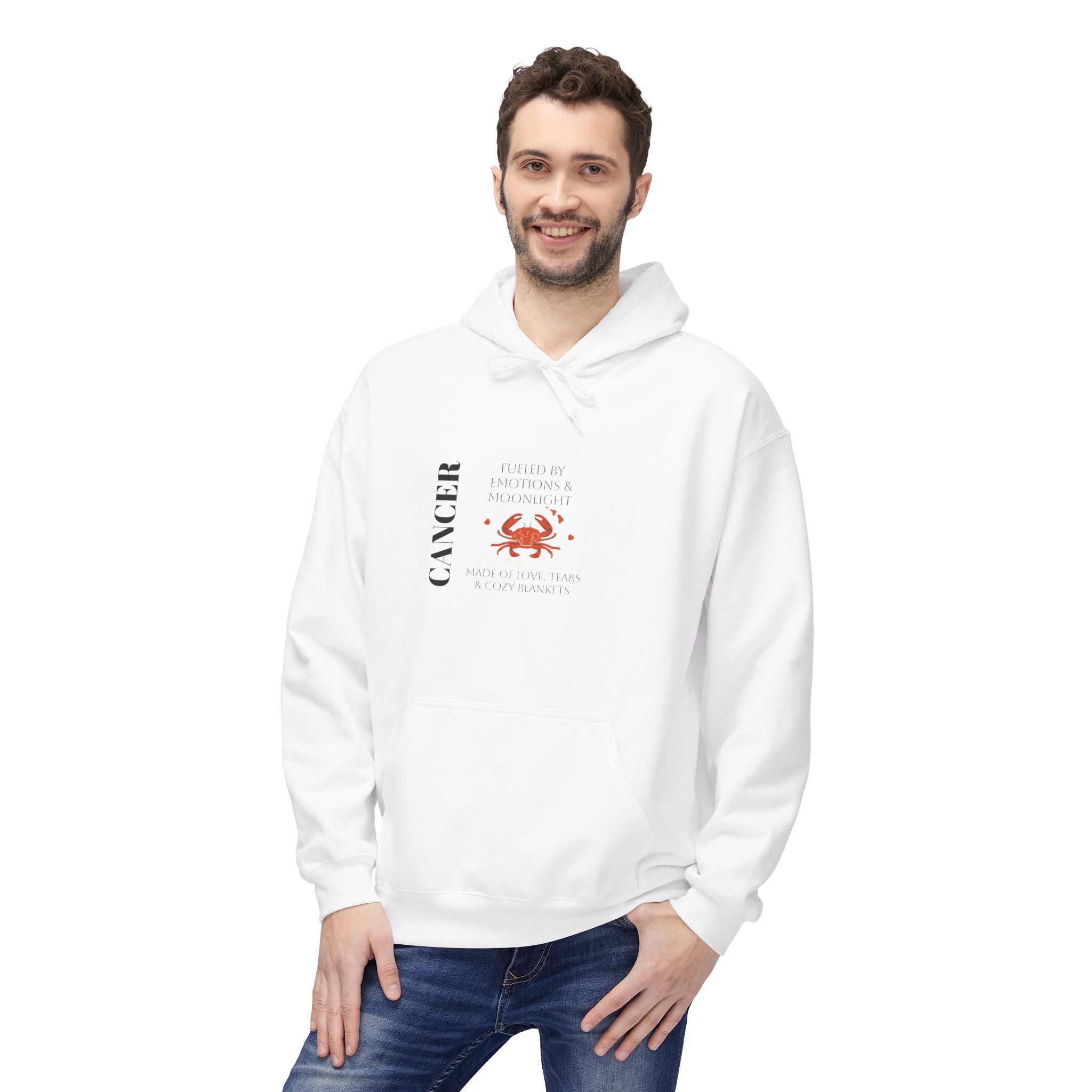 White hoodie worn by man, with hood, kangaroo pocket, and Cancer constellation chest print