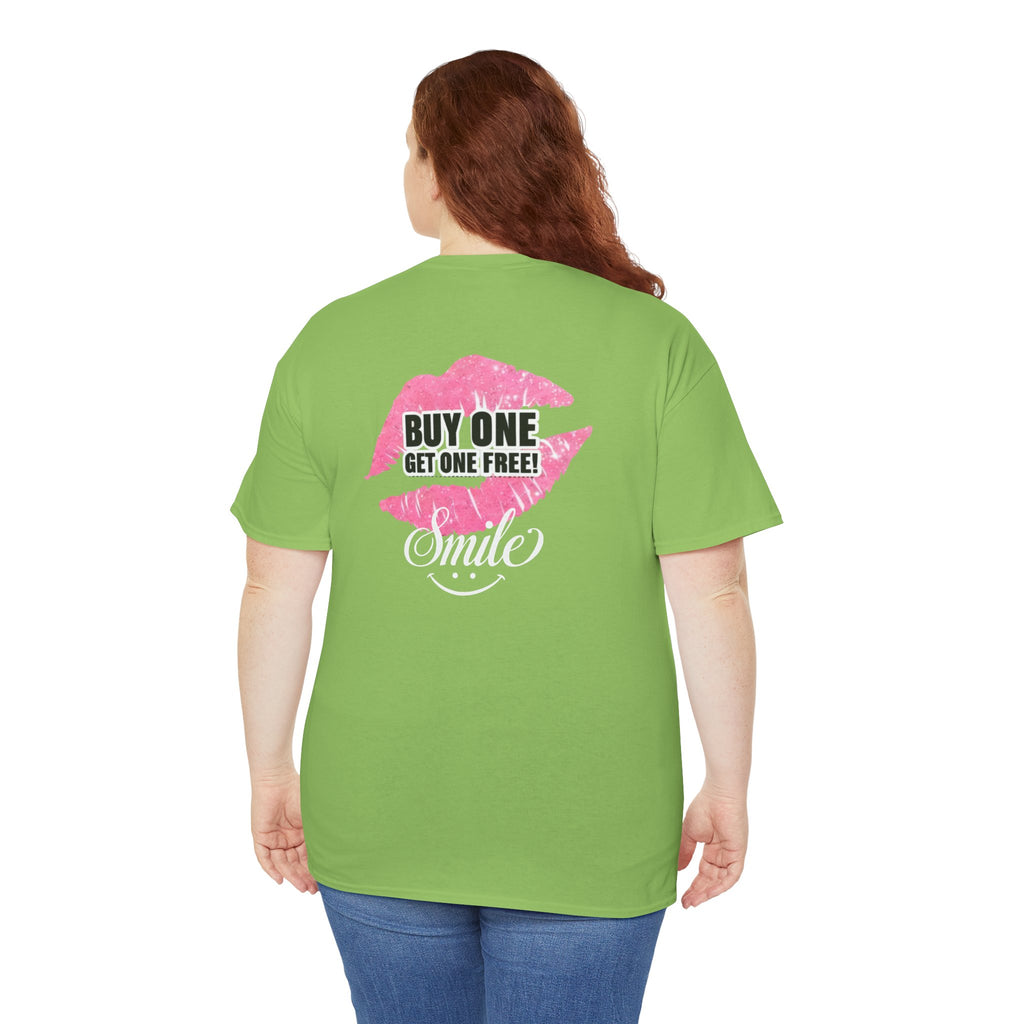 Smile Lip Print Tee — "Buy One Get One Free" Graphic T-Shirt Back Print