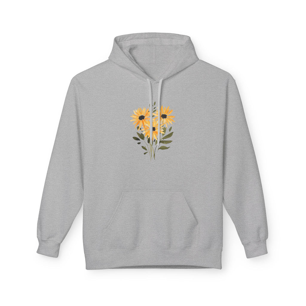 Sport grey hoodie with hood drawstrings, kangaroo pocket, and sunflower heart chest graphic