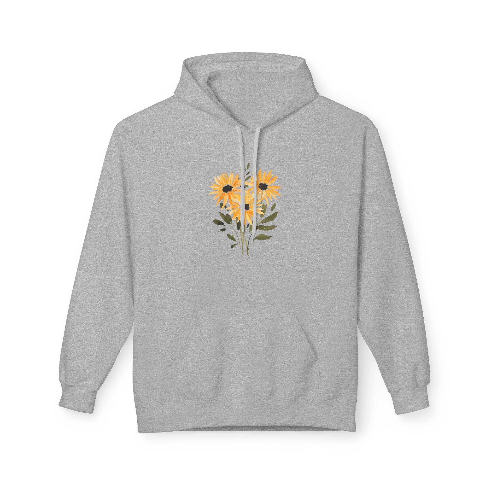 Sport grey hoodie with hood drawstrings, kangaroo pocket, and sunflower heart chest graphic