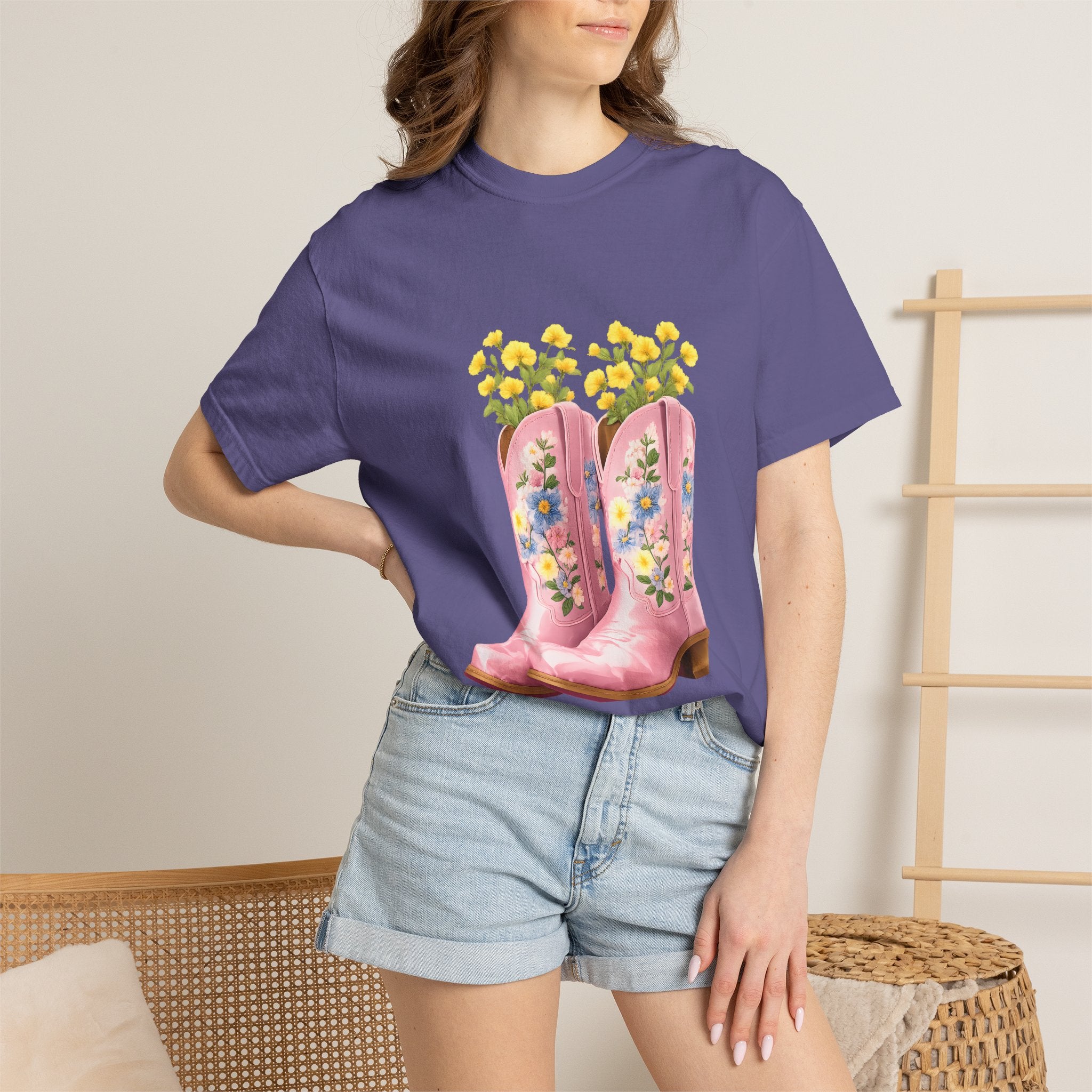 Grape crew-neck T-shirt with colorful floral cowboy boot graphic on the front.