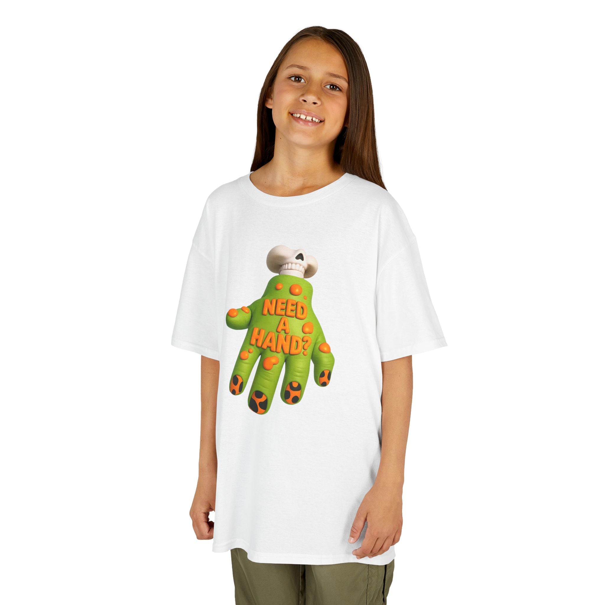 Kids — Cute Green Hand Plush Design with “I Need a Hand” Text