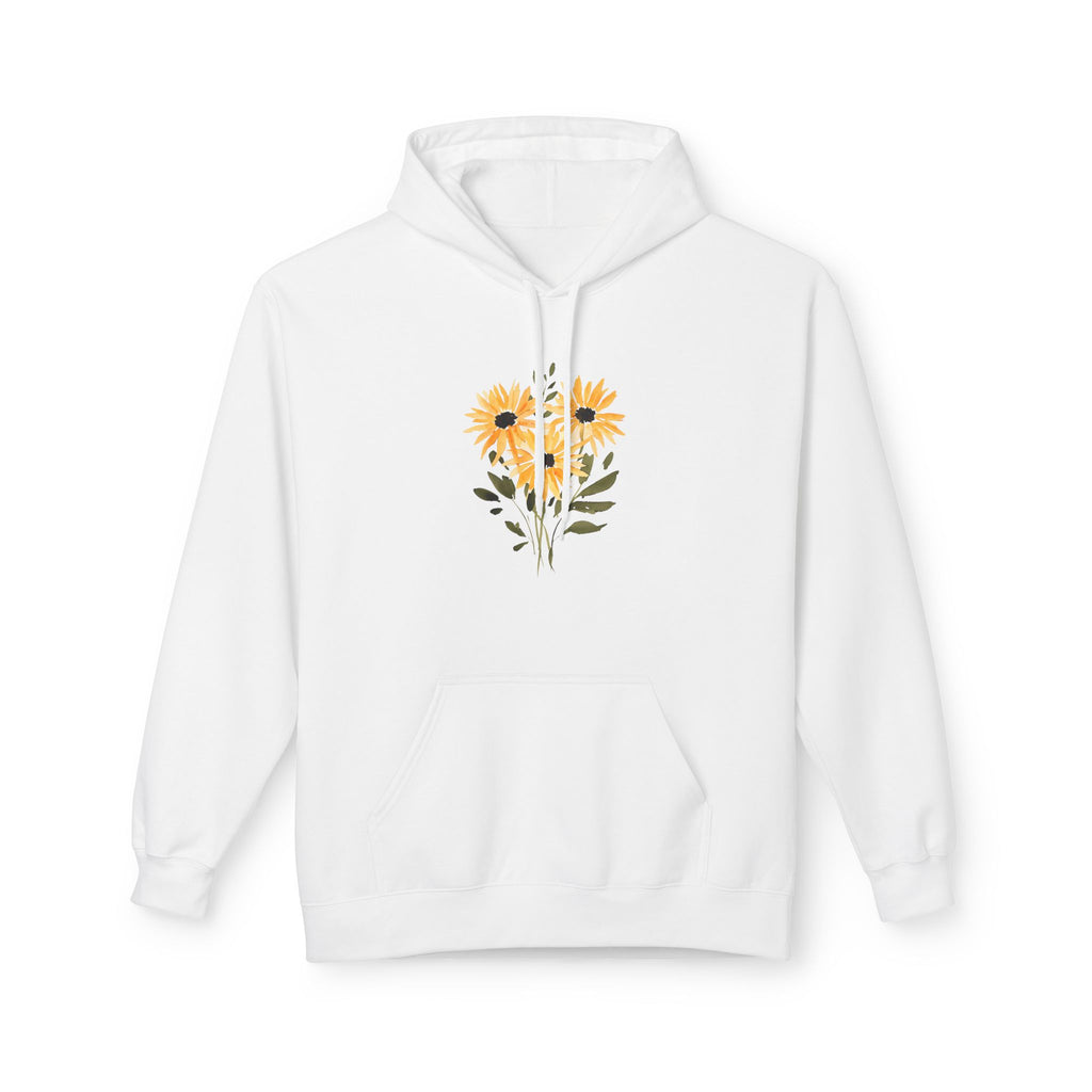 White hoodie with hood drawstrings, kangaroo pocket, and sunflower heart chest graphic