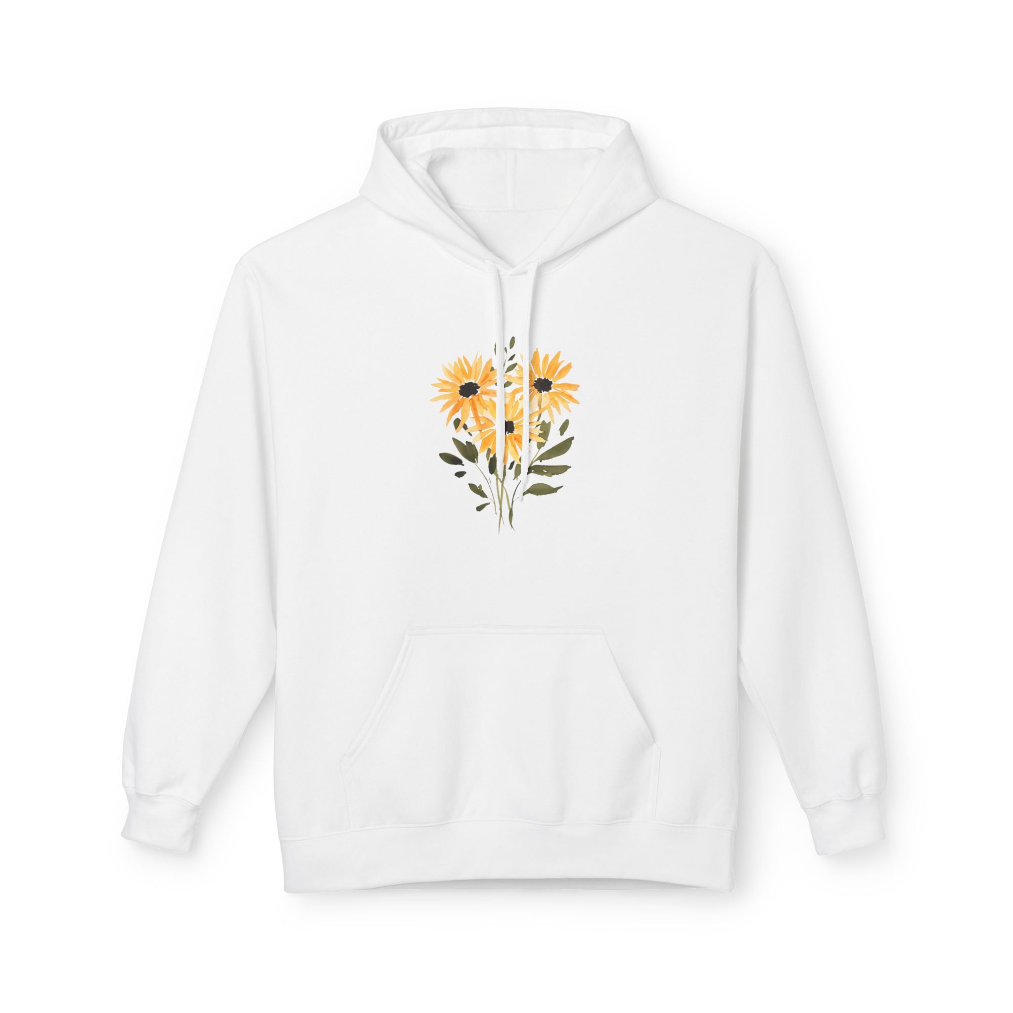 White hoodie with hood drawstrings, kangaroo pocket, and sunflower heart chest graphic