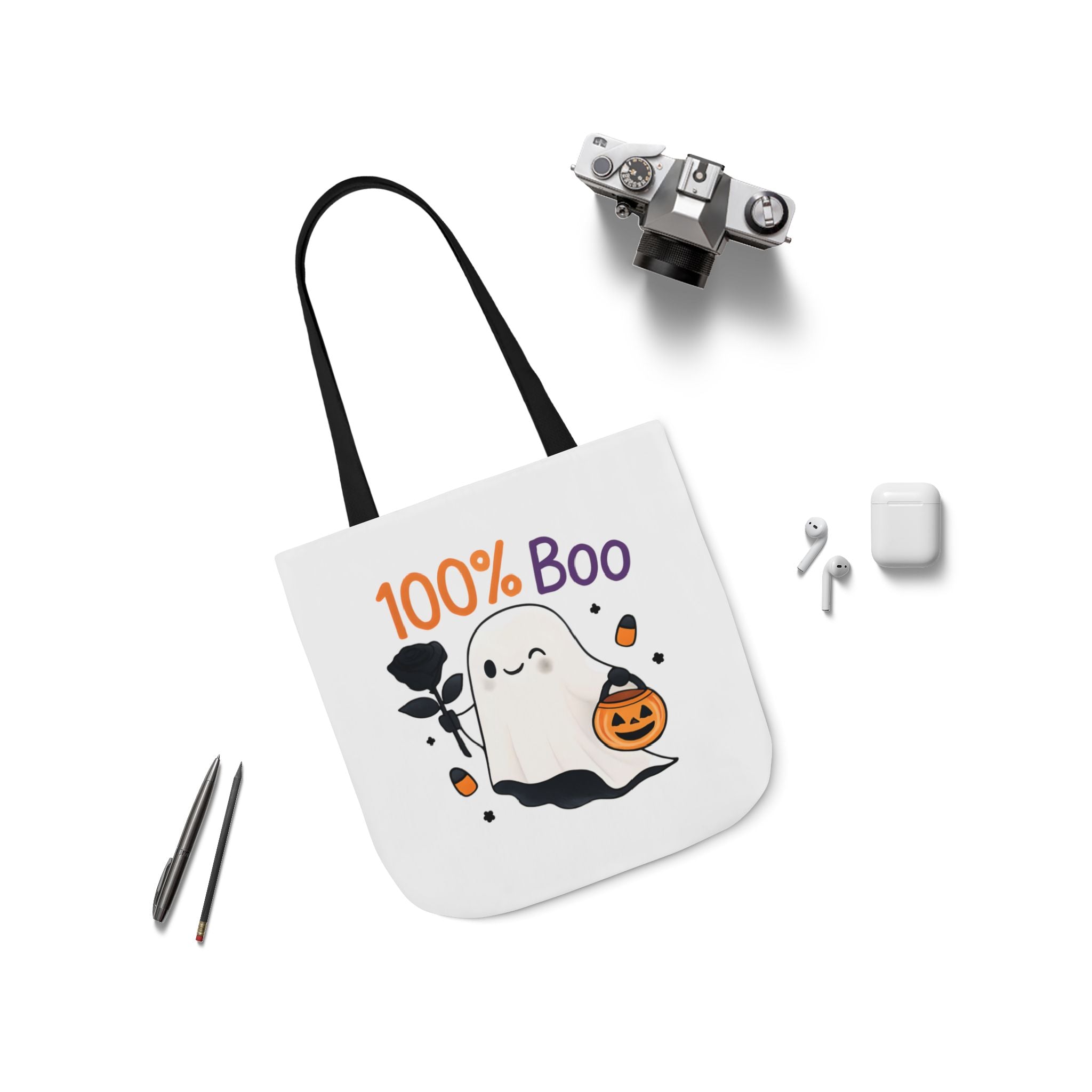 White canvas tote bag with black strap, ghost face graphic and '100% Boo' lettering