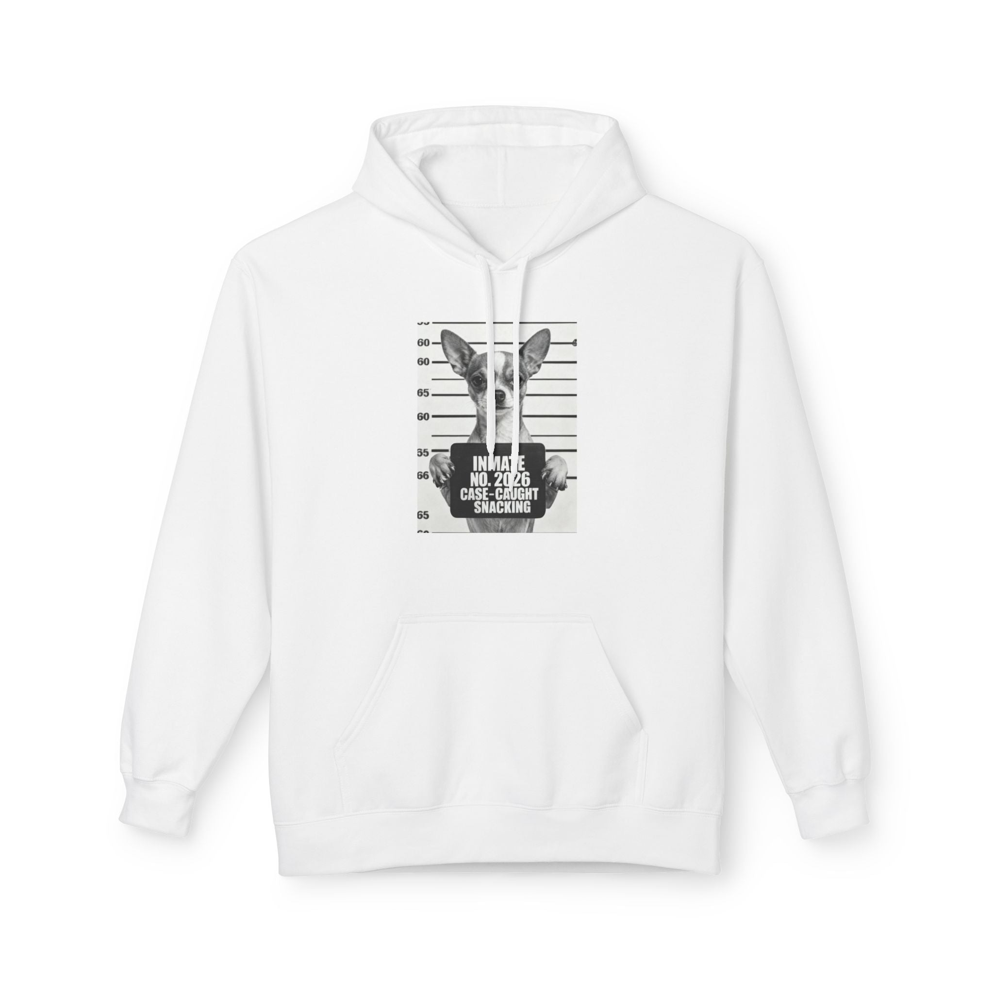White hoodie with front pocket and chihuahua mugshot graphic, 'INMATE 2026' text.