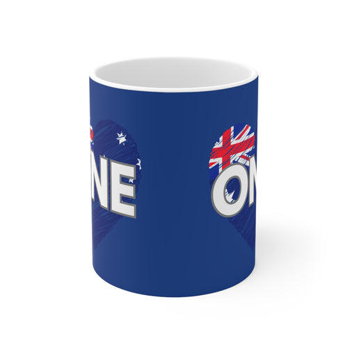 Blue ceramic mug with white rim and partial 'ONE' heart graphic with Australian flag