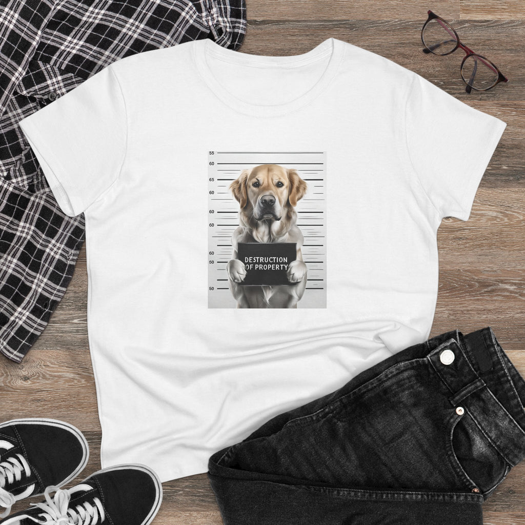 White dog graphic mugshot tee laid flat, crew neck and short sleeves