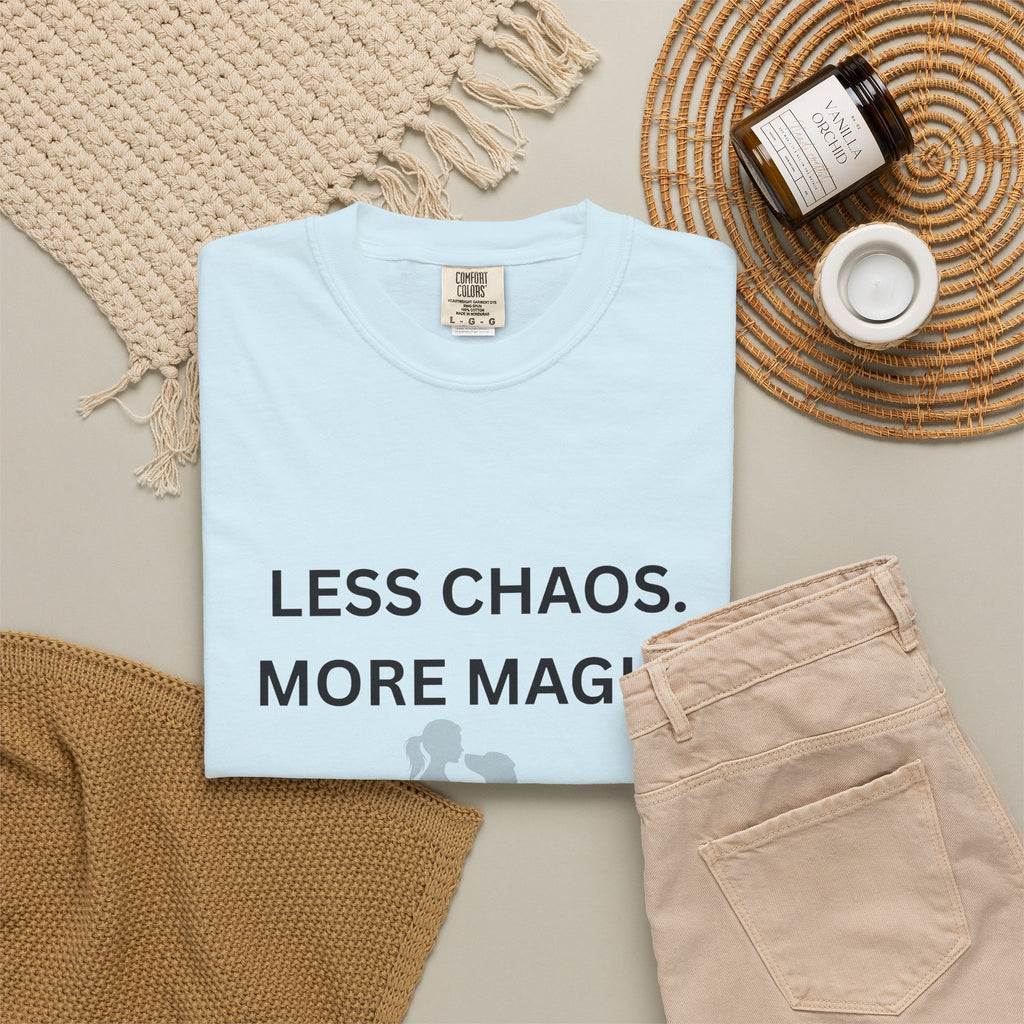 Less Chaos, More Magic T-Shirt — Woman + Dog Silhouette Graphic Tee