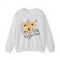 Heather gray crewneck sweatshirt with sunflower bouquet graphic and 'Bee Kind' text