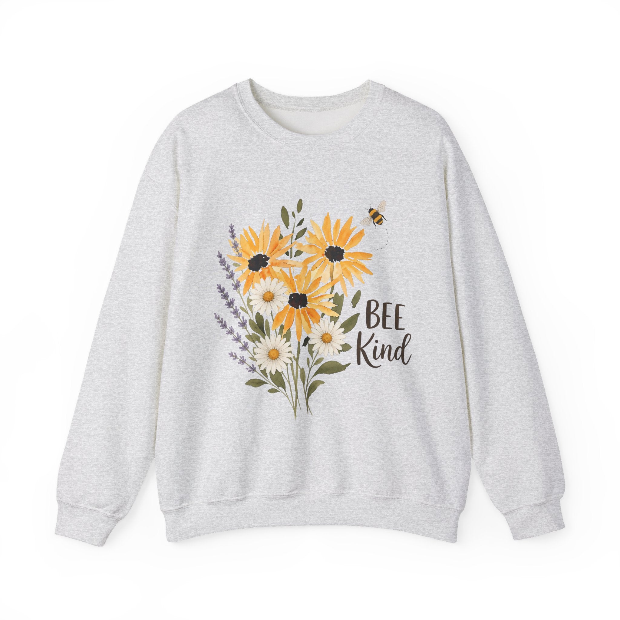 Heather gray crewneck sweatshirt with sunflower bouquet graphic and 'Bee Kind' text