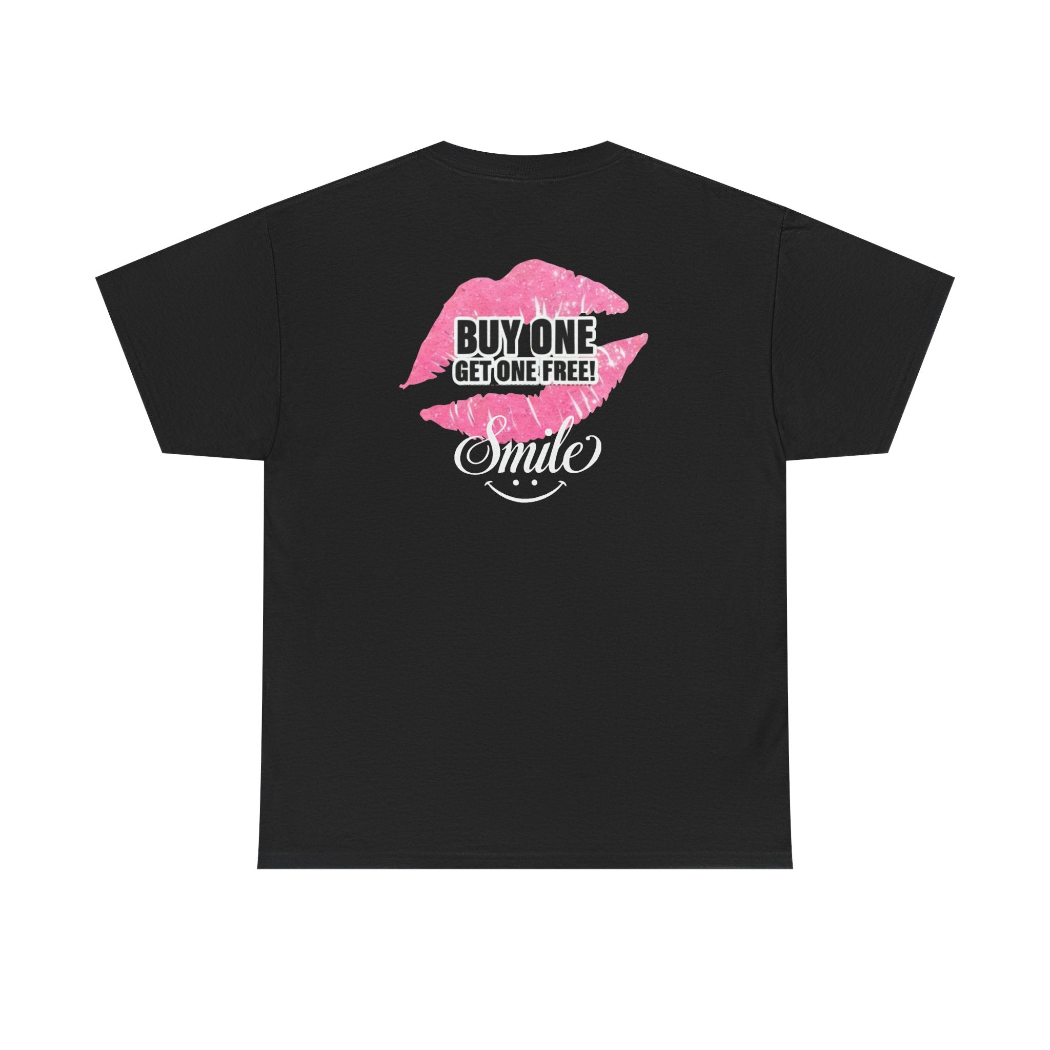 Black crewneck T-shirt with front lips graphic in pink and text: “BUY ONE GET ONE FREE”