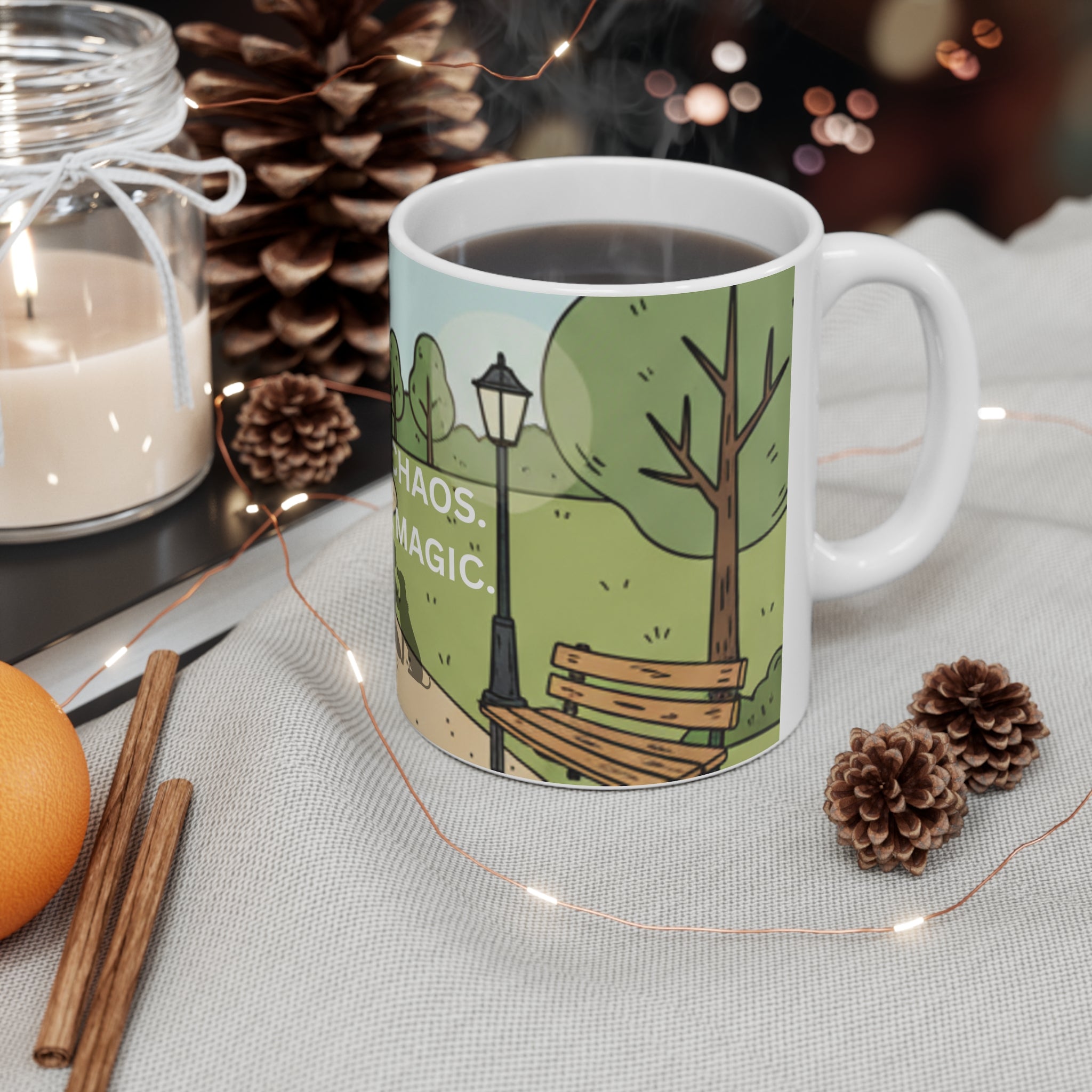 Coffee Mug — "Less Chaos, More Magic" Scenic Park Illustration (11oz)
