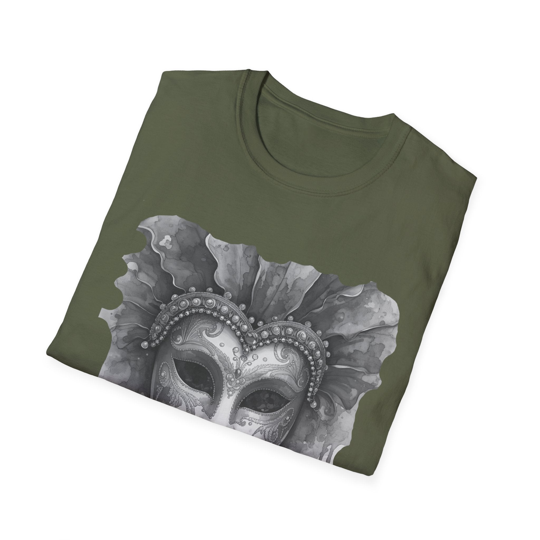 Olive green crew-neck t-shirt with watercolor face mask graphic