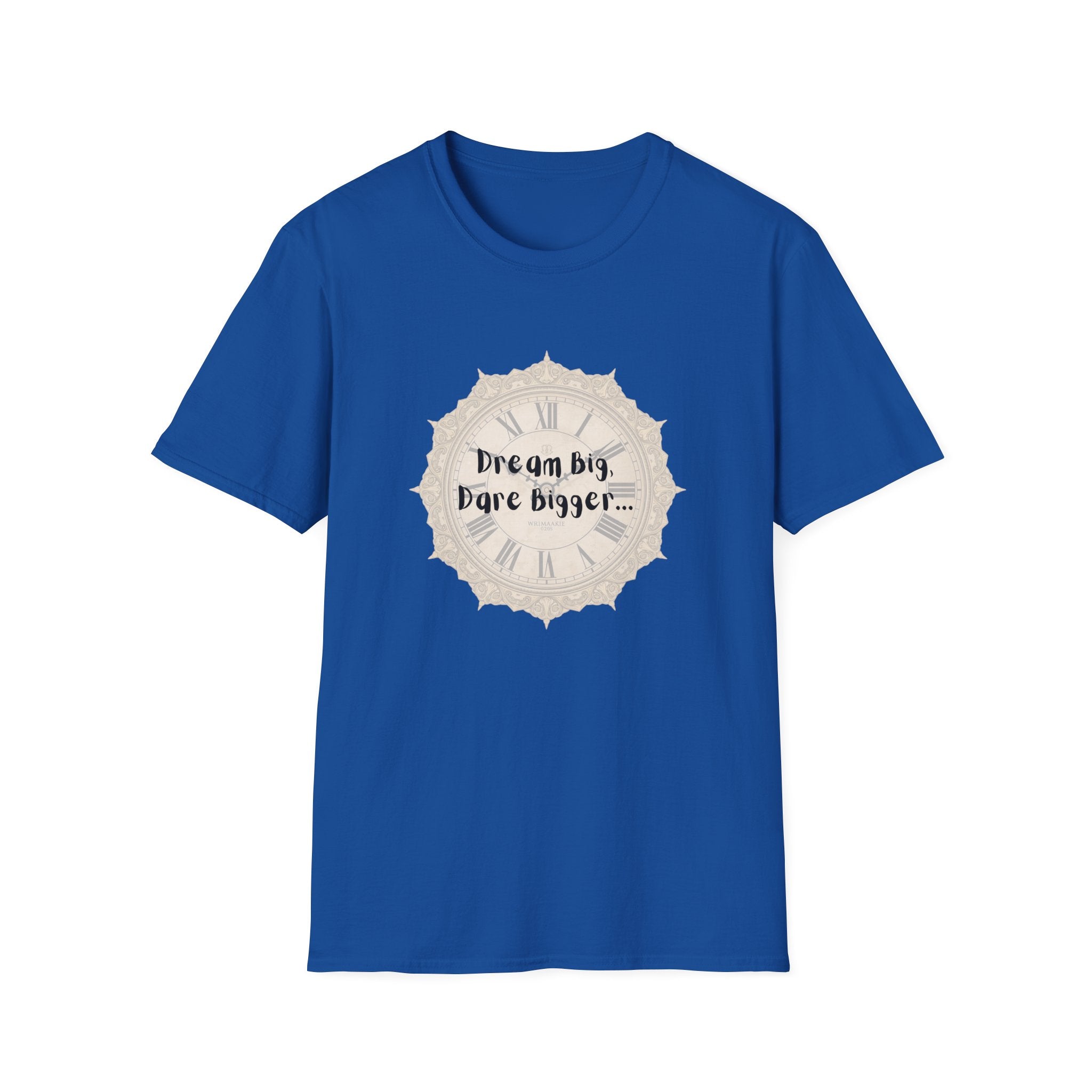 Royal blue graphic T-shirt with “Dream big, Dare bigger...” slogan emblem print