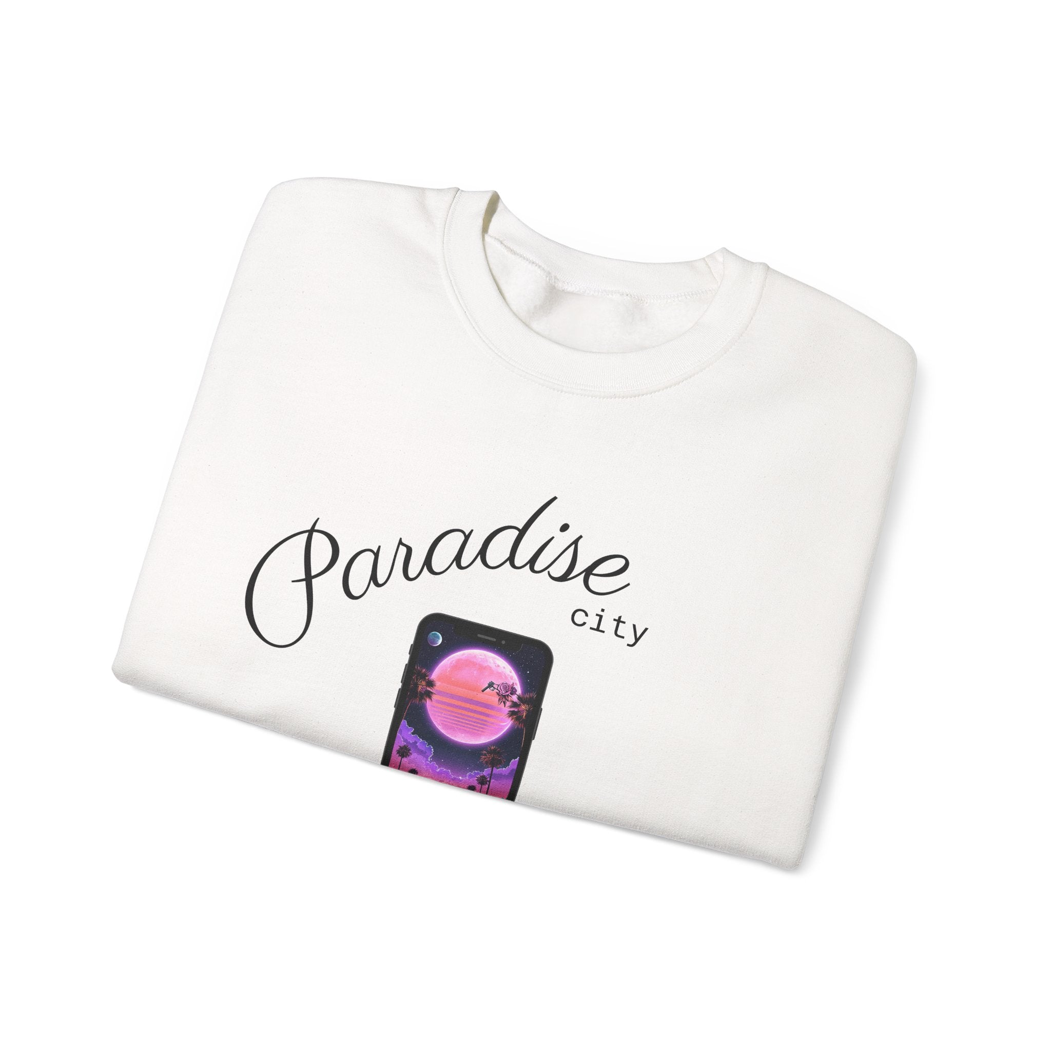 White crewneck sweatshirt with small phone sunset graphic on the front