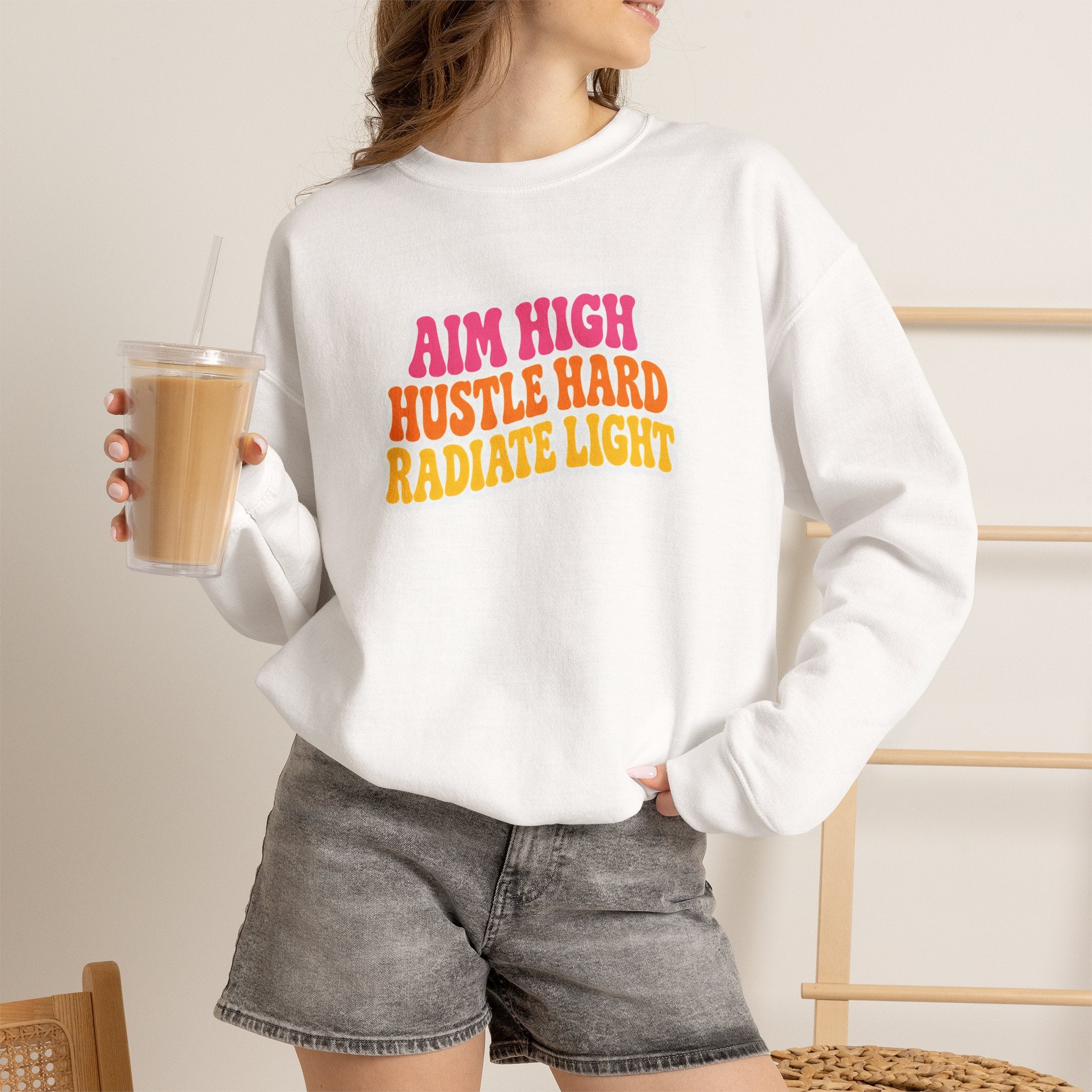 Aim High, Hustle Hard, Radiate Light Unisex Heavy Blend Crewneck Sweatshirt