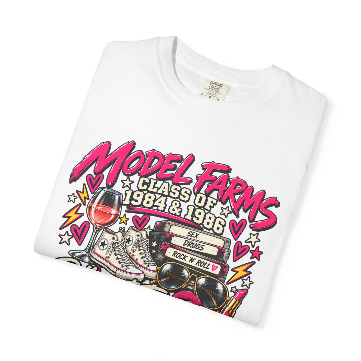 White crewneck T-shirt, close-up of colorful retro class graphic