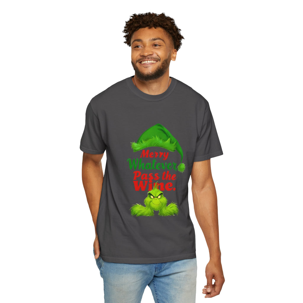 Graphite crewneck short-sleeve t-shirt with green character and red holiday text.