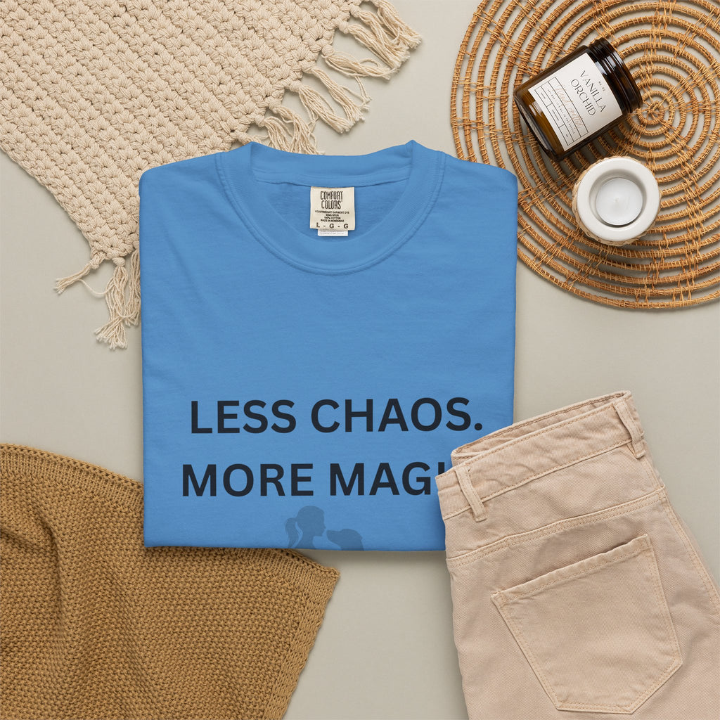 Less Chaos, More Magic T-Shirt — Woman + Dog Silhouette Graphic Tee