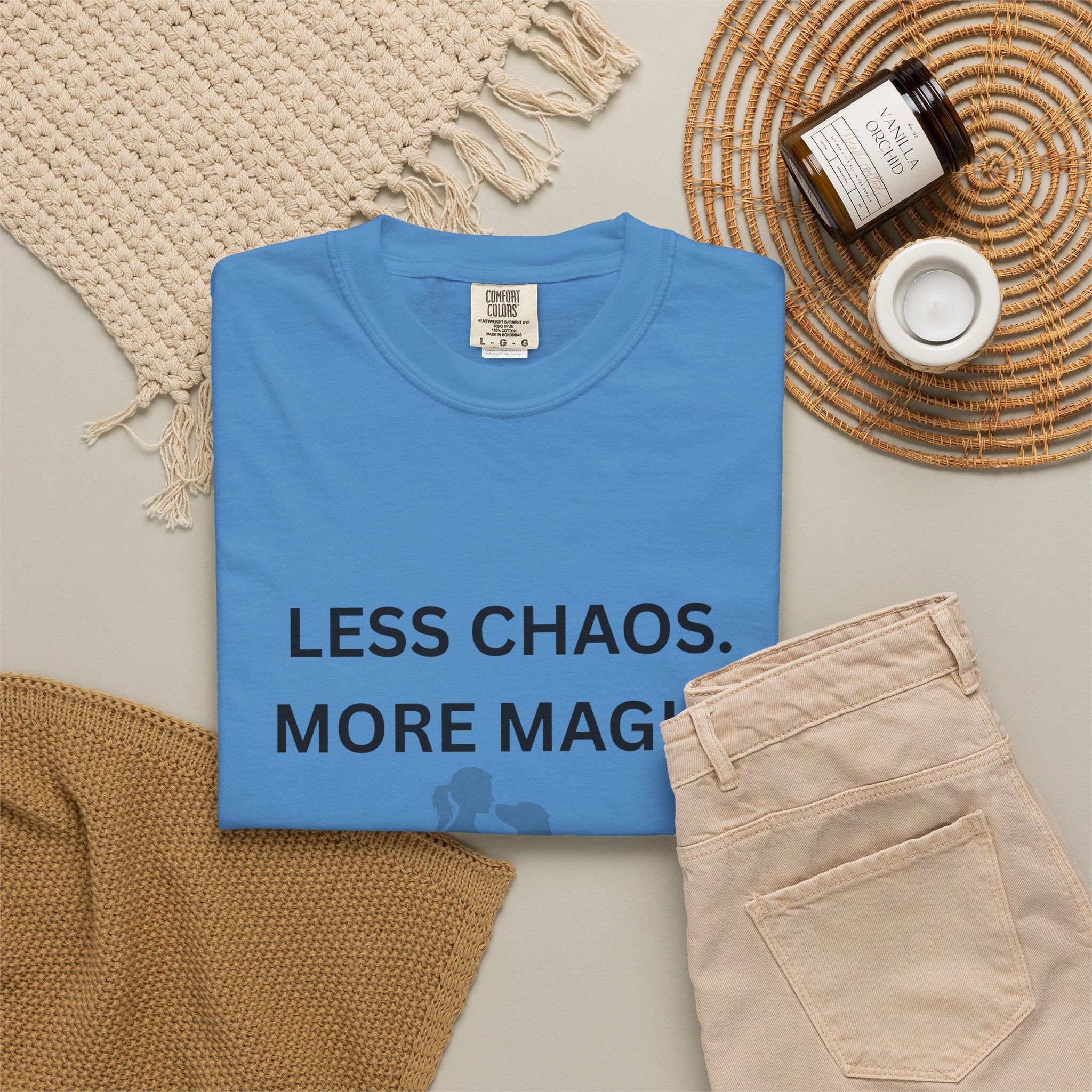 Less Chaos, More Magic T-Shirt — Woman + Dog Silhouette Graphic Tee