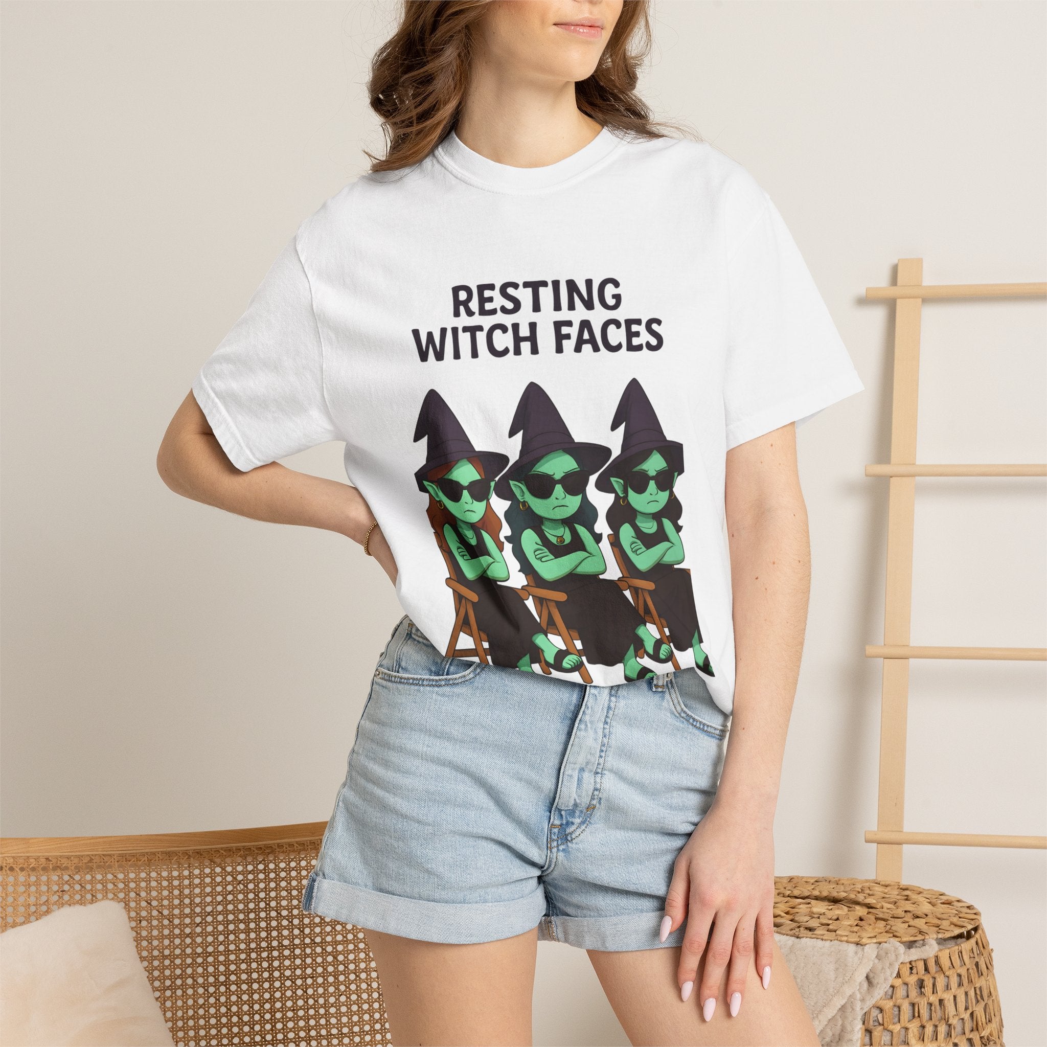 White T-shirt with “RESTING WITCH FACES” text and green witch graphic on front