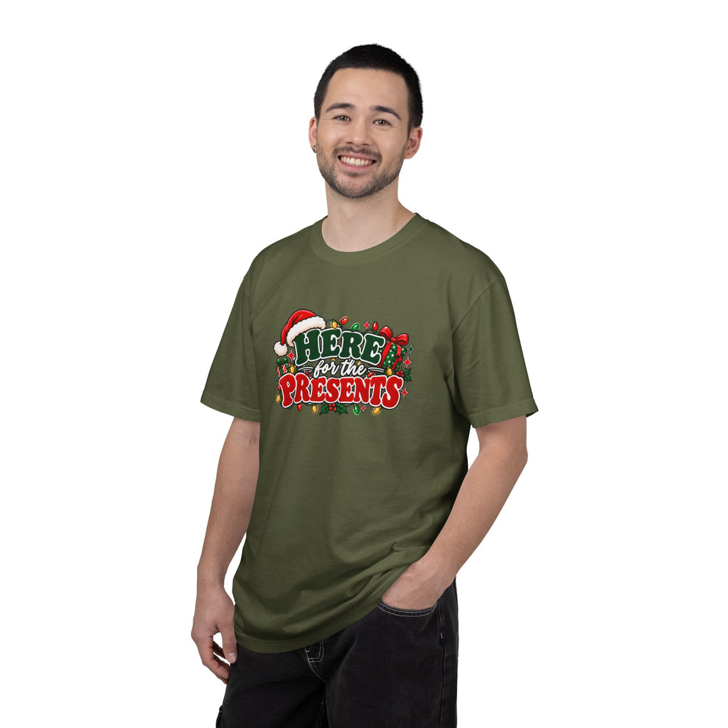 Dark green crewneck T-shirt with chest graphic, side view on model