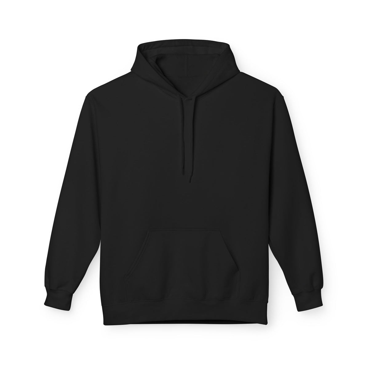 Black pullover hoodie with drawstring hood and front pouch pocket