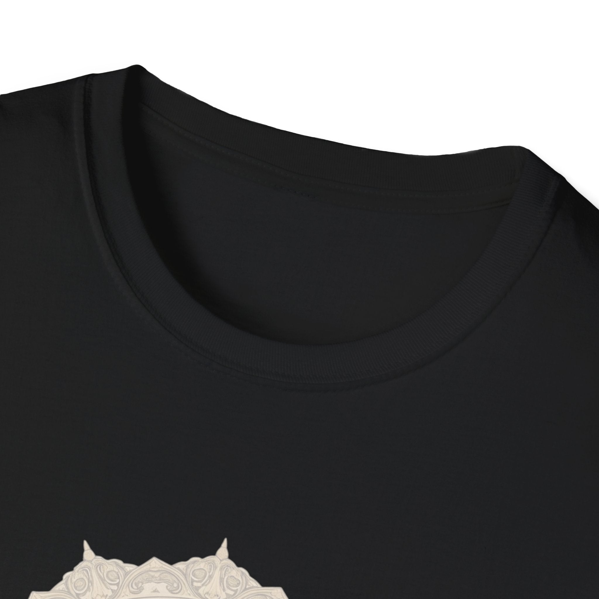 Black crew-neck T-shirt close-up showing neckline and short sleeves