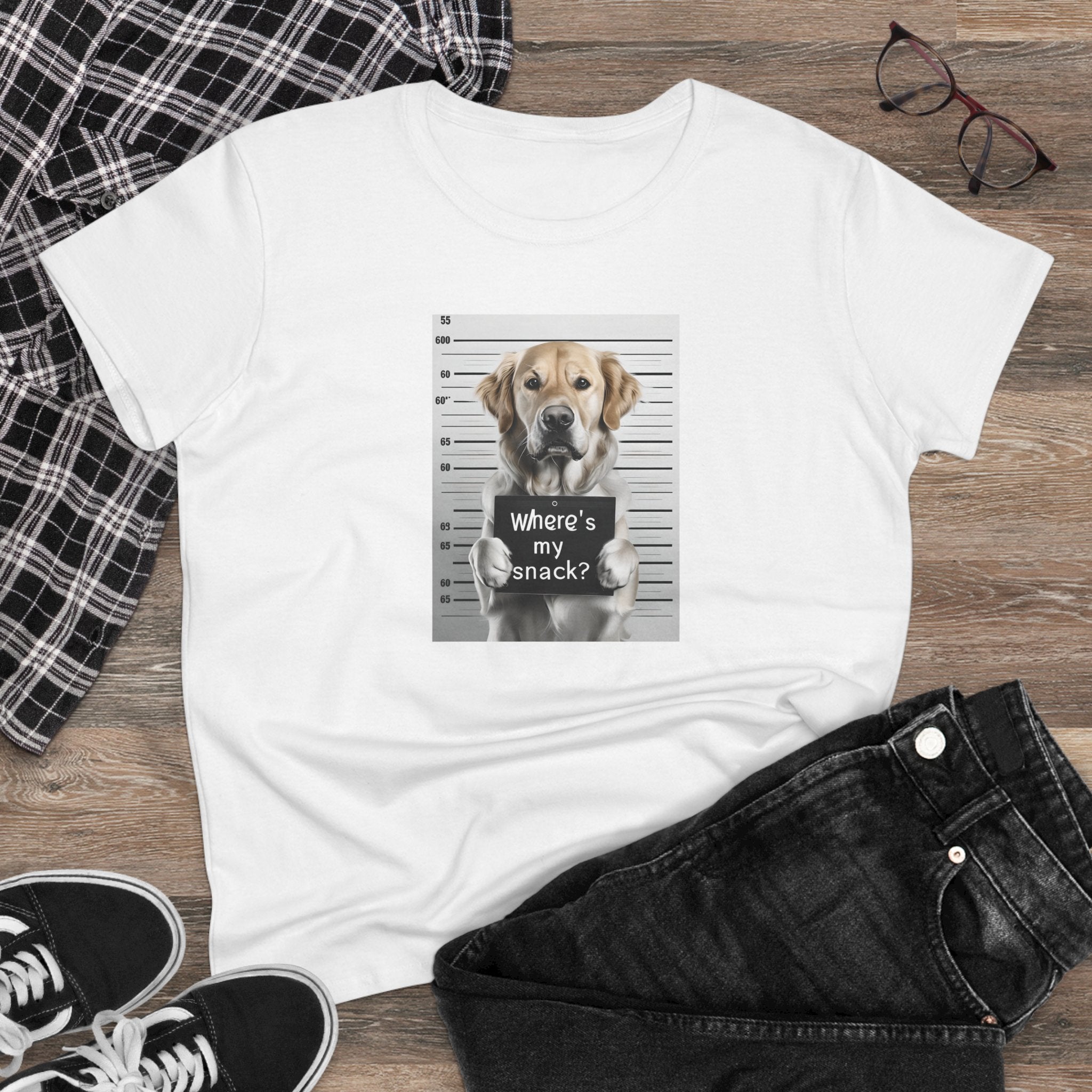 White dog graphic T-shirt with “where’s my snack?” text in centered print