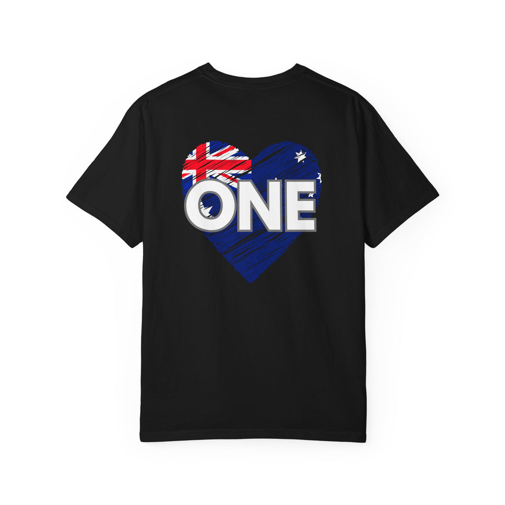 Unisex ONE Together Heart T-Shirt — "We Are All In This Together" Front Text, Australian Flag One Back Design
