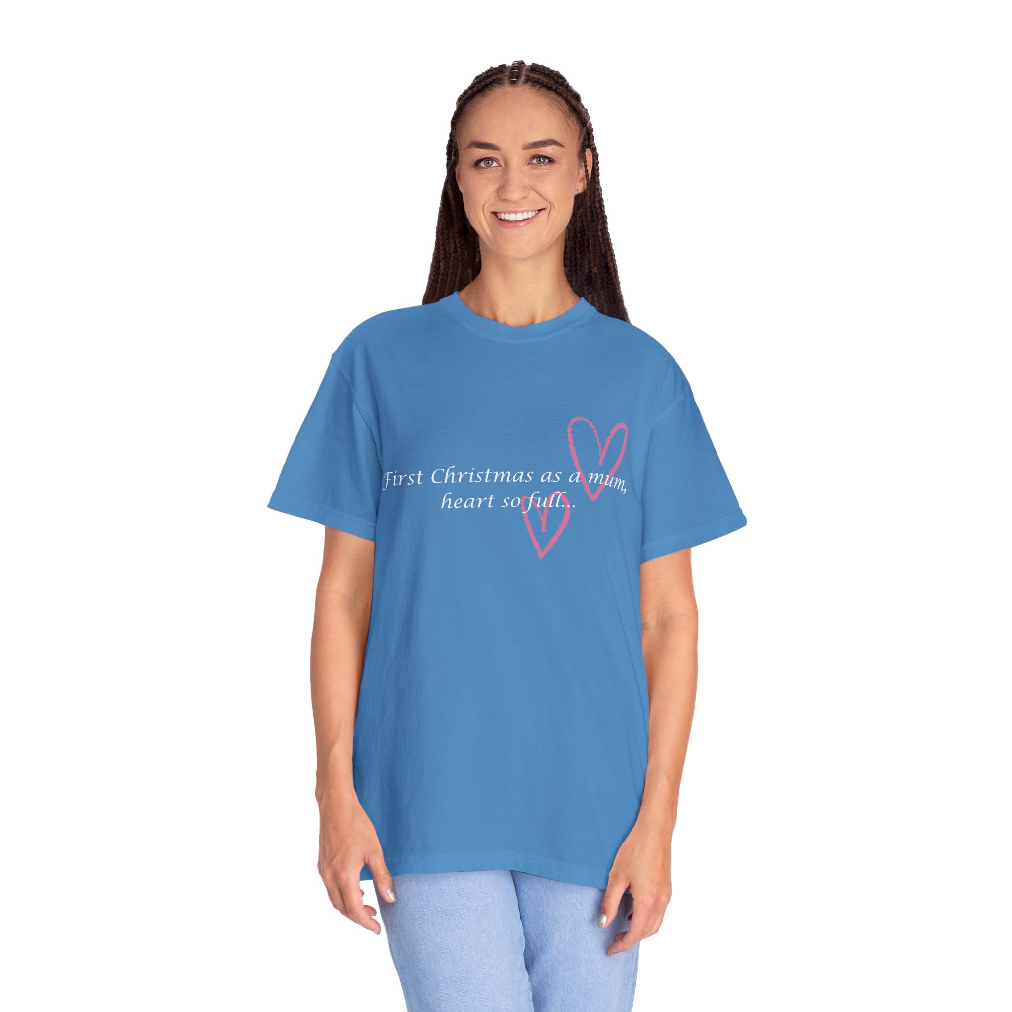 Bright blue heart slogan T-shirt worn by a woman, with pink heart and script text.