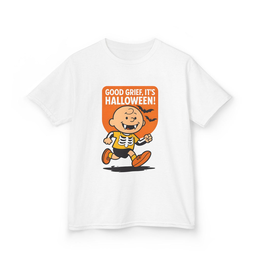 White kids Halloween graphic T-shirt, crew neck, short sleeves