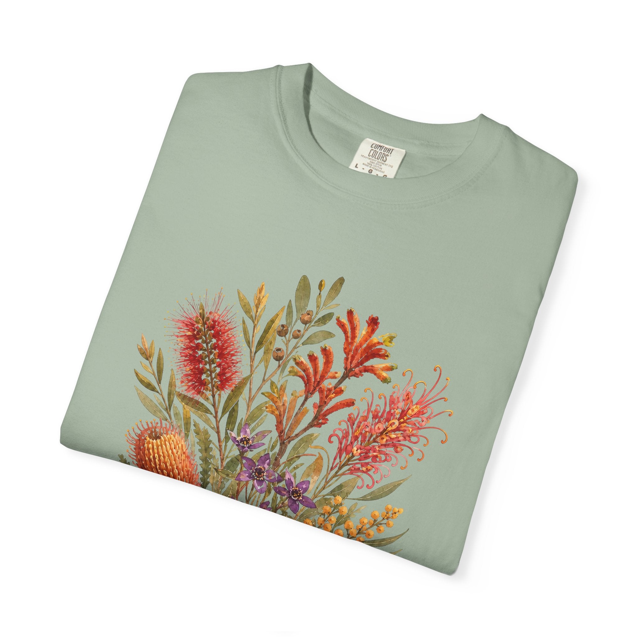 Sage green crew-neck T-shirt with orange and purple floral bouquet graphic