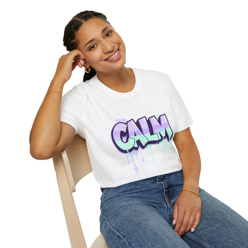 Ladies white graphic t-shirt with “CALM” graffiti text and colorful paint drips