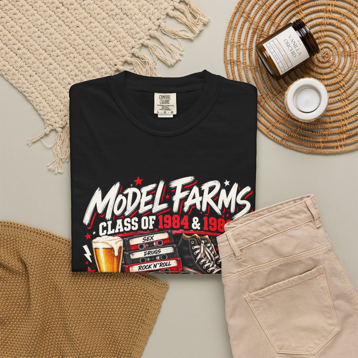 Black crewneck T-shirt with front retro “Model Farms” class graphic and beer mug artwork