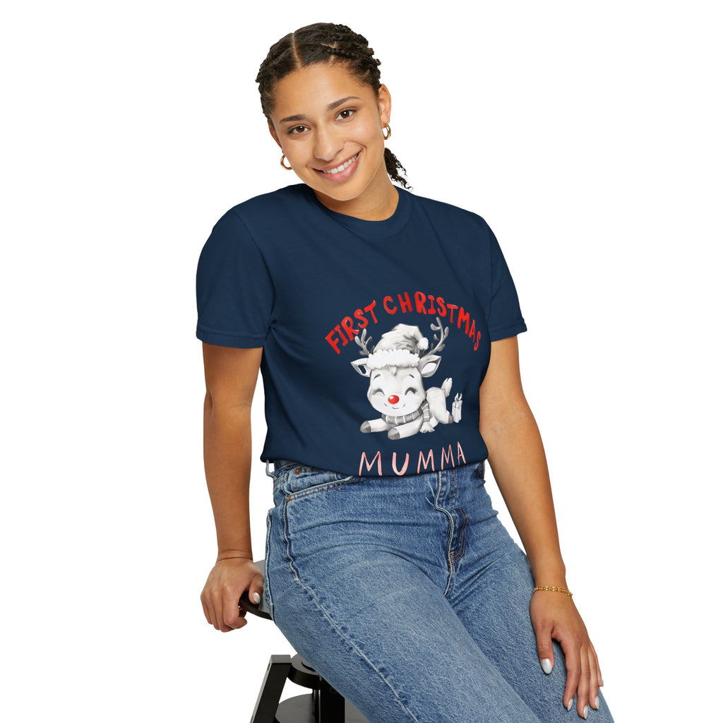 Navy crew-neck T-shirt with reindeer and “First Christmas Mumma” graphic