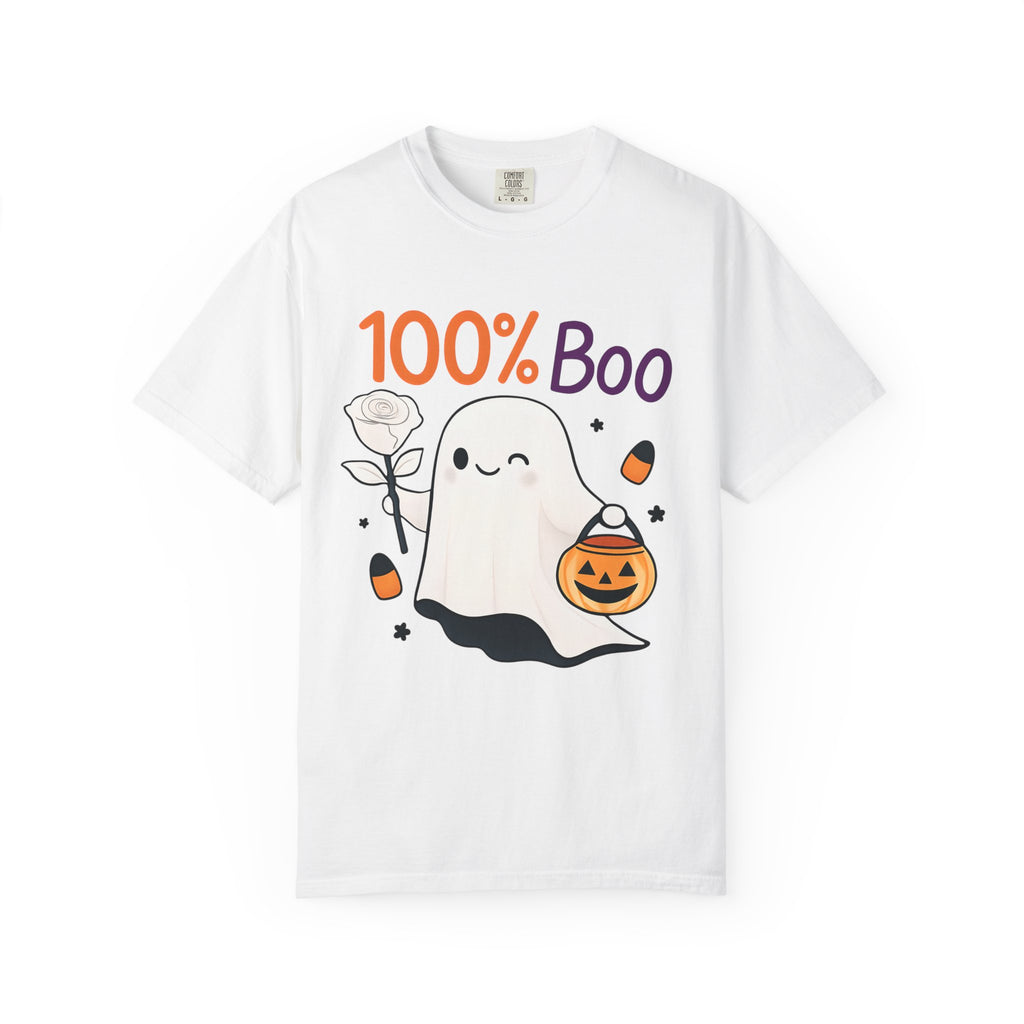 White Halloween graphic t-shirt with “100% Boo” ghost and jack-o’-lantern