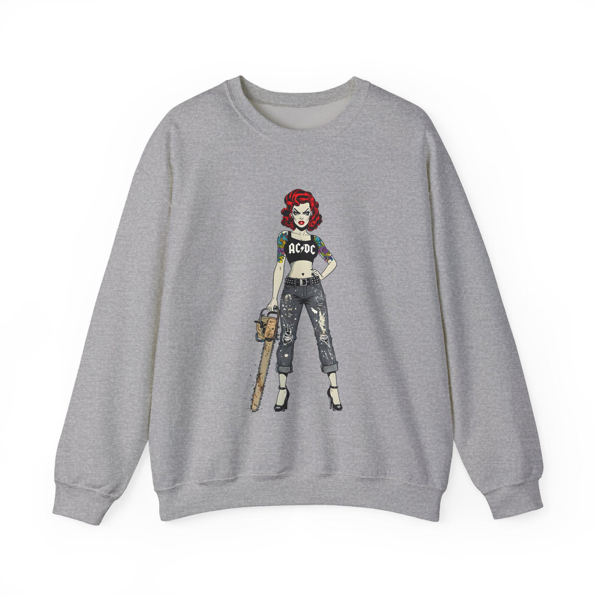 Heather gray crewneck sweatshirt with long sleeves and front comic-style rock band graphic